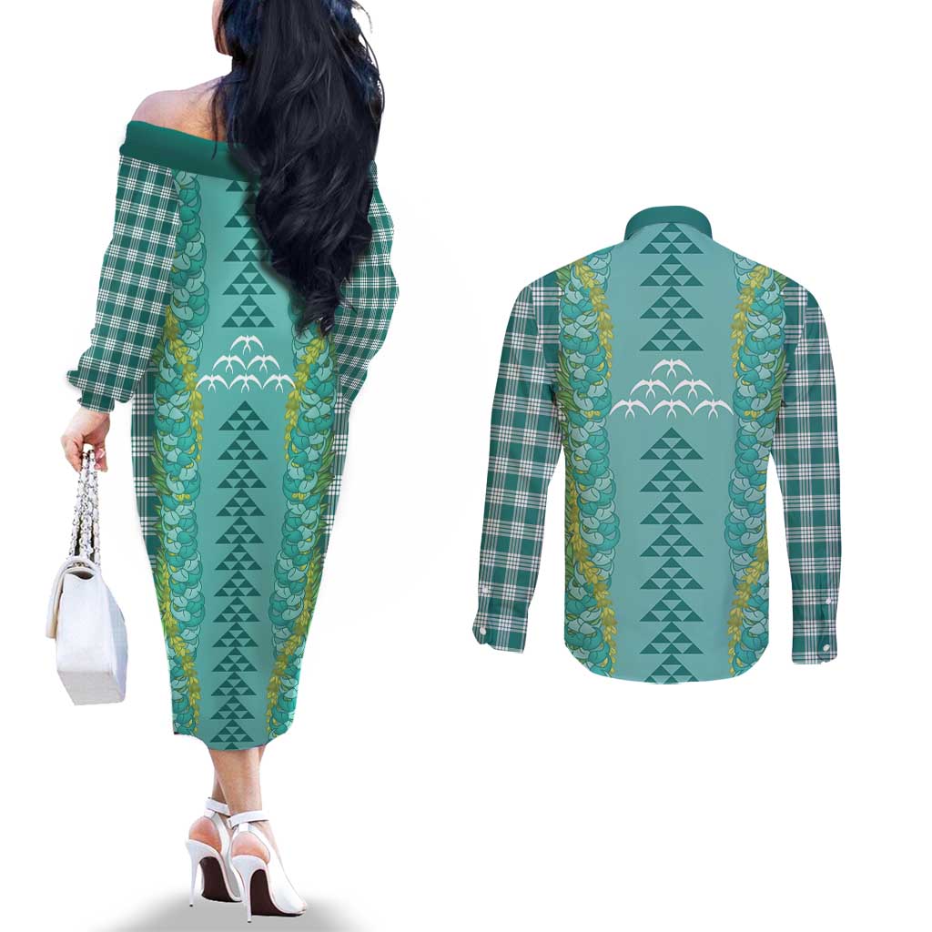Teal Palaka Hawaii Iwa Bird Couples Matching Off The Shoulder Long Sleeve Dress and Long Sleeve Button Shirt Hawaiian Kakau Jade Vine Lei LT14 - Polynesian Pride