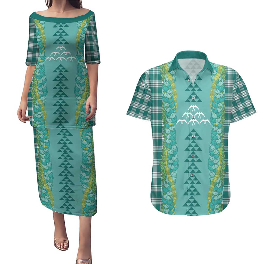 Teal Palaka Hawaii Iwa Bird Couples Matching Puletasi and Hawaiian Shirt Hawaiian Kakau Jade Vine Lei - Polynesian Pride