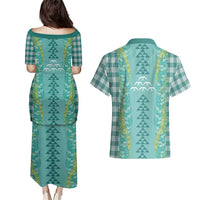 Teal Palaka Hawaii Iwa Bird Couples Matching Puletasi and Hawaiian Shirt Hawaiian Kakau Jade Vine Lei LT14 - Polynesian Pride