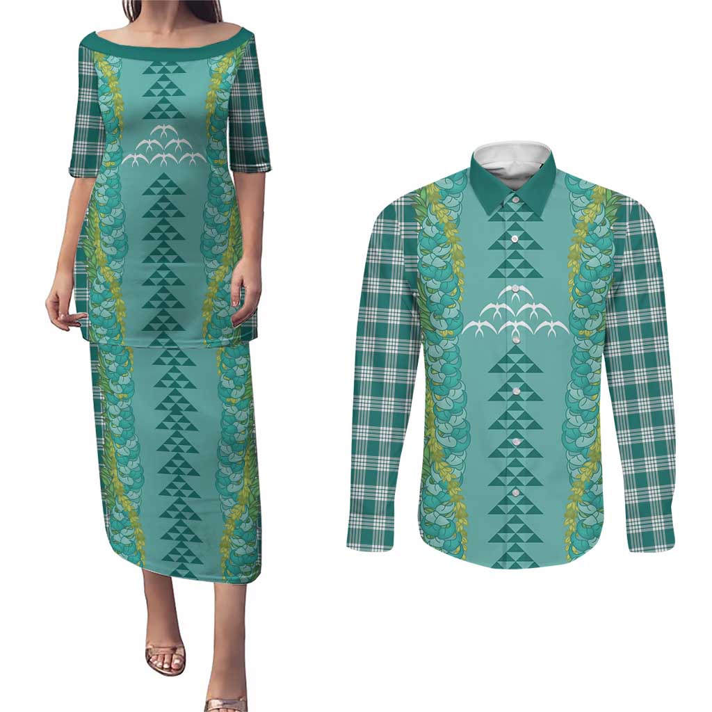 Teal Palaka Hawaii Iwa Bird Couples Matching Puletasi and Long Sleeve Button Shirt Hawaiian Kakau Jade Vine Lei - Polynesian Pride
