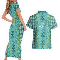Teal Palaka Hawaii Iwa Bird Couples Matching Short Sleeve Bodycon Dress and Hawaiian Shirt Hawaiian Kakau Jade Vine Lei LT14 - Polynesian Pride