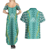 Teal Palaka Hawaii Iwa Bird Couples Matching Summer Maxi Dress and Hawaiian Shirt Hawaiian Kakau Jade Vine Lei LT14 - Polynesian Pride