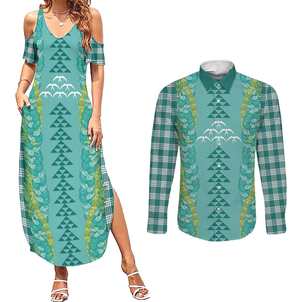 Teal Palaka Hawaii Iwa Bird Couples Matching Summer Maxi Dress and Long Sleeve Button Shirt Hawaiian Kakau Jade Vine Lei - Polynesian Pride