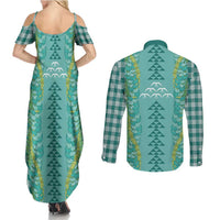 Teal Palaka Hawaii Iwa Bird Couples Matching Summer Maxi Dress and Long Sleeve Button Shirt Hawaiian Kakau Jade Vine Lei LT14 - Polynesian Pride