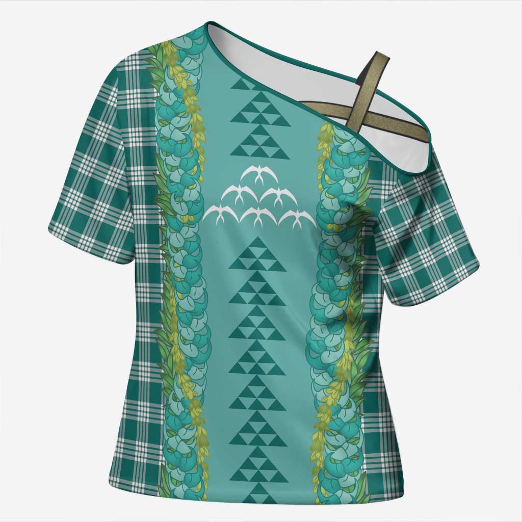 Teal Palaka Hawaii Iwa Bird Cross Shoulder Shirt Hawaiian Kakau Jade Vine Lei - Polynesian Pride