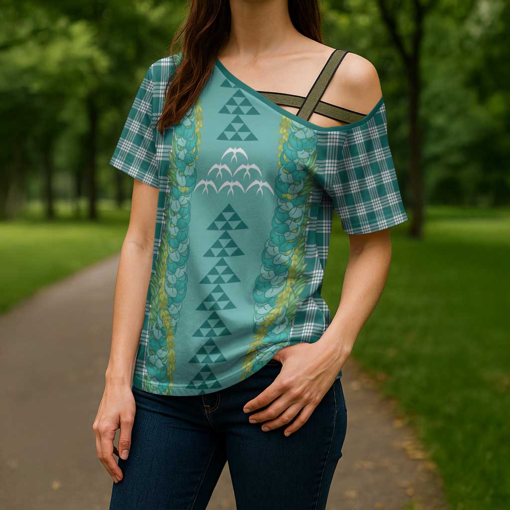 Teal Palaka Hawaii Iwa Bird Cross Shoulder Shirt Hawaiian Kakau Jade Vine Lei - Polynesian Pride