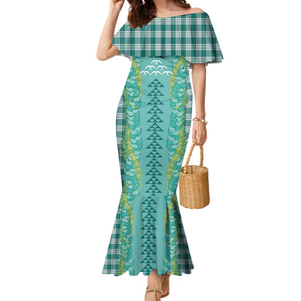 Teal Palaka Hawaii Iwa Bird Family Matching Mermaid Dress and Hawaiian Shirt Hawaiian Kakau Jade Vine Lei LT14 Mom's Dress Teal - Polynesian Pride