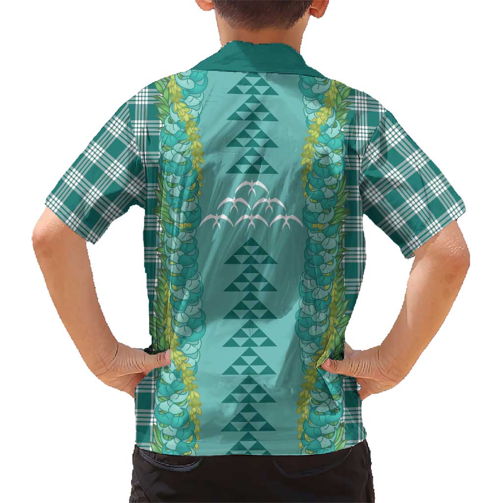Teal Palaka Hawaii Iwa Bird Family Matching Off Shoulder Maxi Dress and Hawaiian Shirt Hawaiian Kakau Jade Vine Lei LT14 - Polynesian Pride