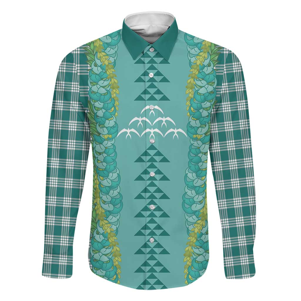 Teal Palaka Hawaii Iwa Bird Family Matching Off Shoulder Maxi Dress and Hawaiian Shirt Hawaiian Kakau Jade Vine Lei LT14 Dad's Shirt - Long Sleeve Teal - Polynesian Pride