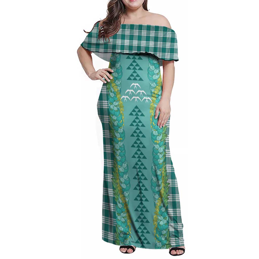 Teal Palaka Hawaii Iwa Bird Family Matching Off Shoulder Maxi Dress and Hawaiian Shirt Hawaiian Kakau Jade Vine Lei LT14 Mom's Dress Teal - Polynesian Pride