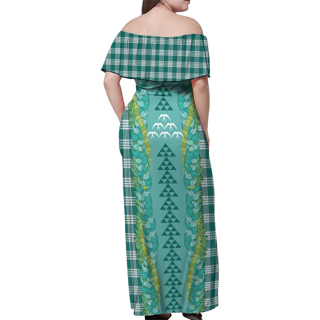 Teal Palaka Hawaii Iwa Bird Family Matching Off Shoulder Maxi Dress and Hawaiian Shirt Hawaiian Kakau Jade Vine Lei LT14 - Polynesian Pride