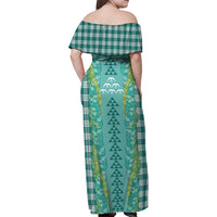 Teal Palaka Hawaii Iwa Bird Family Matching Off Shoulder Maxi Dress and Hawaiian Shirt Hawaiian Kakau Jade Vine Lei LT14 - Polynesian Pride