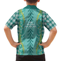 Teal Palaka Hawaii Iwa Bird Family Matching Off Shoulder Short Dress and Hawaiian Shirt Hawaiian Kakau Jade Vine Lei LT14 - Polynesian Pride