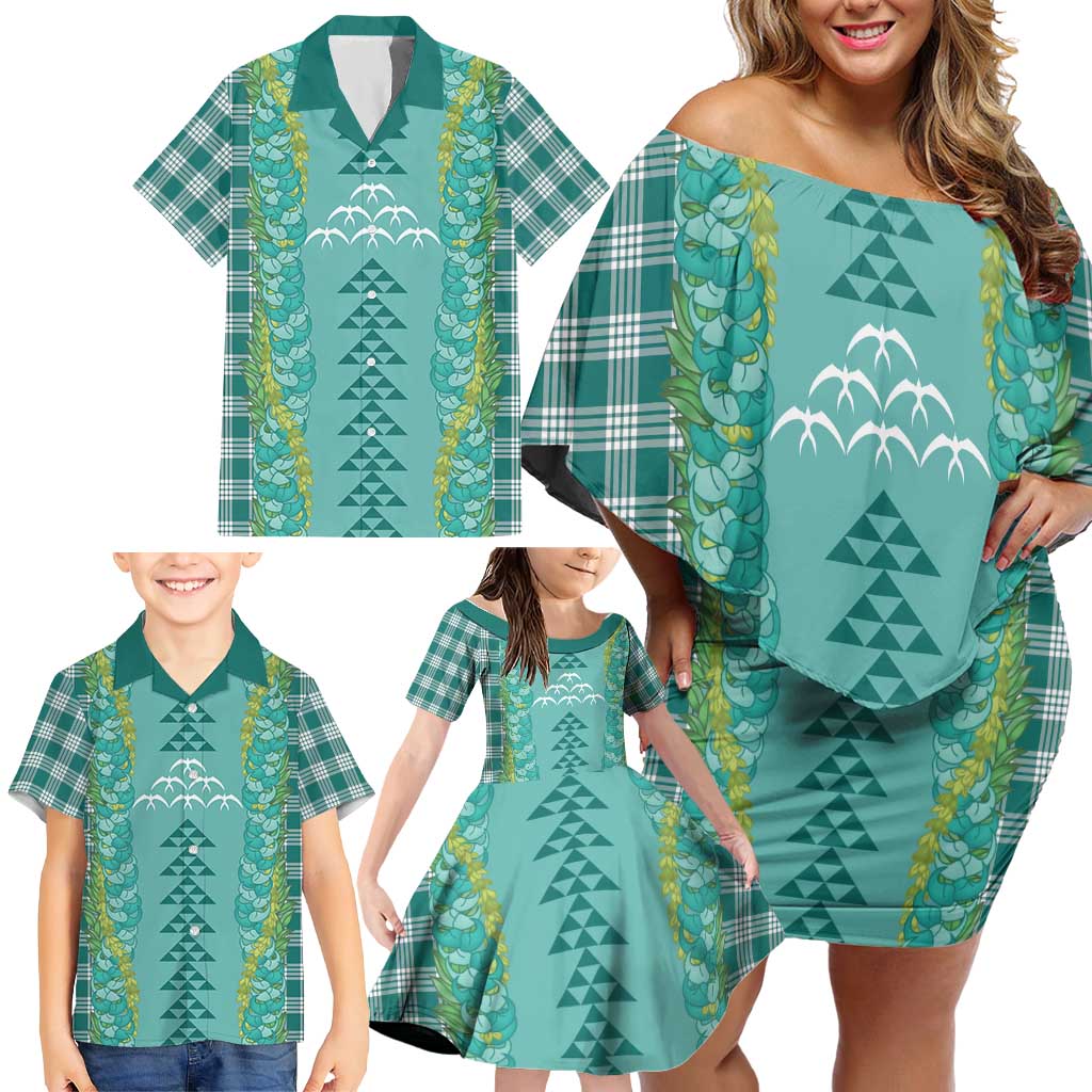 Teal Palaka Hawaii Iwa Bird Family Matching Off Shoulder Short Dress and Hawaiian Shirt Hawaiian Kakau Jade Vine Lei - Polynesian Pride