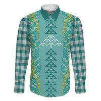 Teal Palaka Hawaii Iwa Bird Family Matching Off Shoulder Short Dress and Hawaiian Shirt Hawaiian Kakau Jade Vine Lei LT14 Dad's Shirt - Long Sleeve Teal - Polynesian Pride
