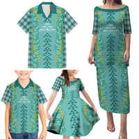 Teal Palaka Hawaii Iwa Bird Family Matching Puletasi and Hawaiian Shirt Hawaiian Kakau Jade Vine Lei LT14 - Polynesian Pride