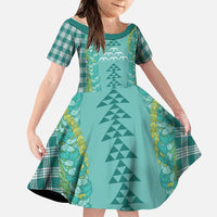 Teal Palaka Hawaii Iwa Bird Family Matching Short Sleeve Bodycon Dress and Hawaiian Shirt Hawaiian Kakau Jade Vine Lei LT14 Daughter's Dress Teal - Polynesian Pride