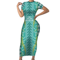 Teal Palaka Hawaii Iwa Bird Family Matching Short Sleeve Bodycon Dress and Hawaiian Shirt Hawaiian Kakau Jade Vine Lei LT14 Mom's Dress Teal - Polynesian Pride