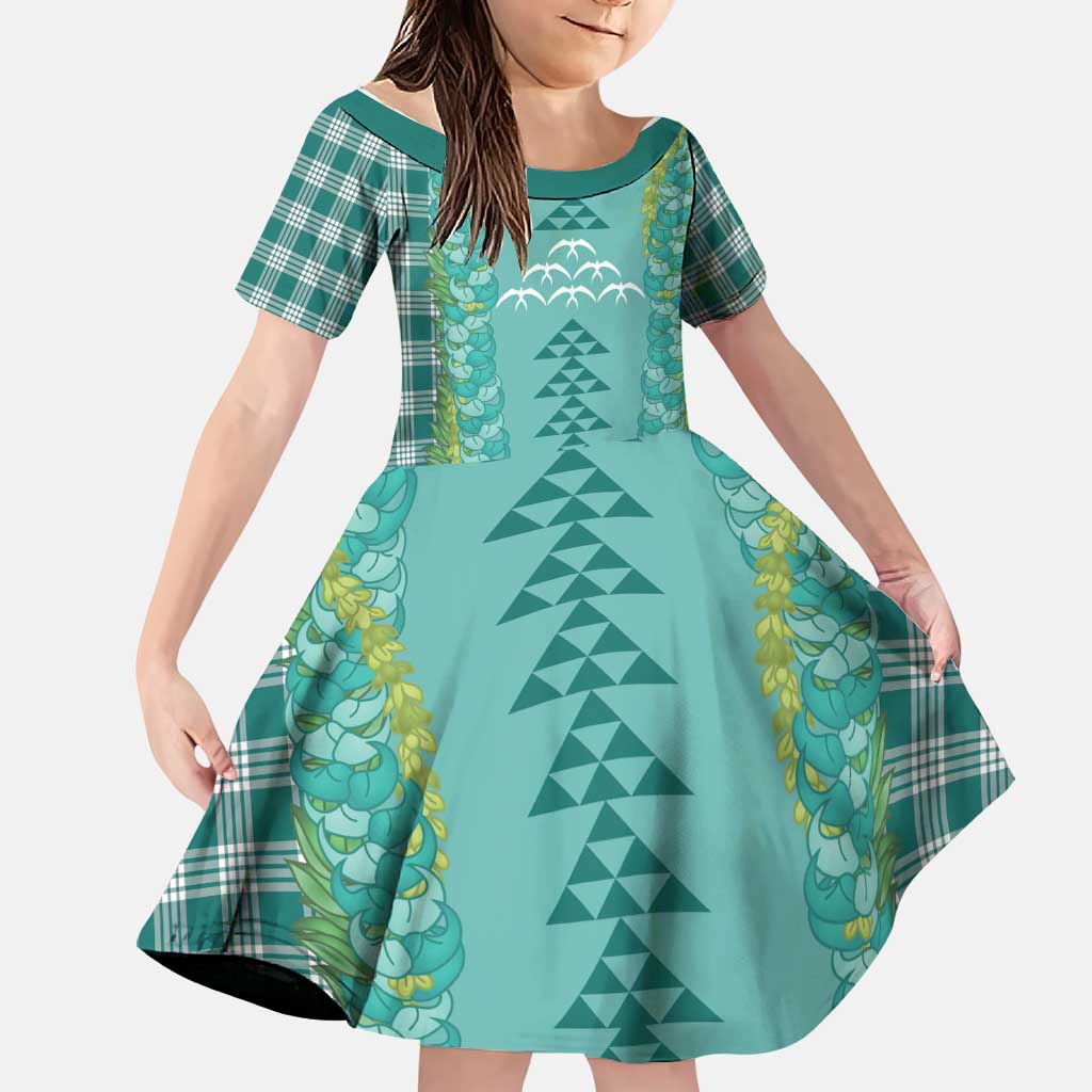 Teal Palaka Hawaii Iwa Bird Family Matching Summer Maxi Dress and Hawaiian Shirt Hawaiian Kakau Jade Vine Lei LT14 Daughter's Dress Teal - Polynesian Pride