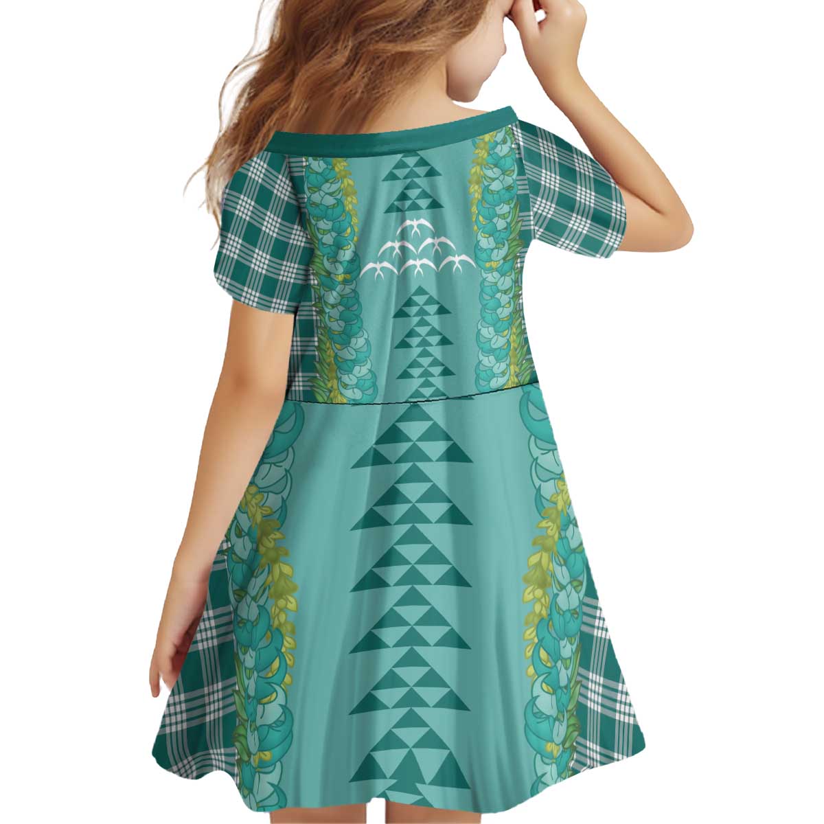Teal Palaka Hawaii Iwa Bird Kid Short Sleeve Dress Hawaiian Kakau Jade Vine Lei - Polynesian Pride