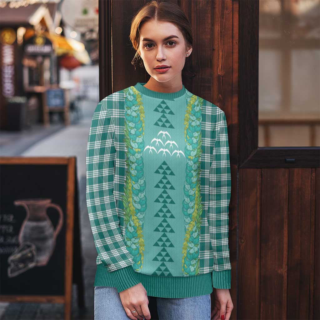 Teal Palaka Hawaii Iwa Bird Ugly Christmas Sweater Hawaiian Kakau Jade Vine Lei - Polynesian Pride