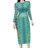 Teal Palaka Hawaii Iwa Bird Long Sleeve Bodycon Dress Hawaiian Kakau Jade Vine Lei LT14 Long Dress Teal - Polynesian Pride