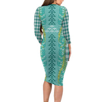 Teal Palaka Hawaii Iwa Bird Long Sleeve Bodycon Dress Hawaiian Kakau Jade Vine Lei LT14 - Polynesian Pride