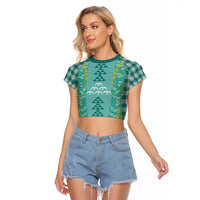 Teal Palaka Hawaii Iwa Bird Raglan Cropped T Shirt Hawaiian Kakau Jade Vine Lei - Polynesian Pride