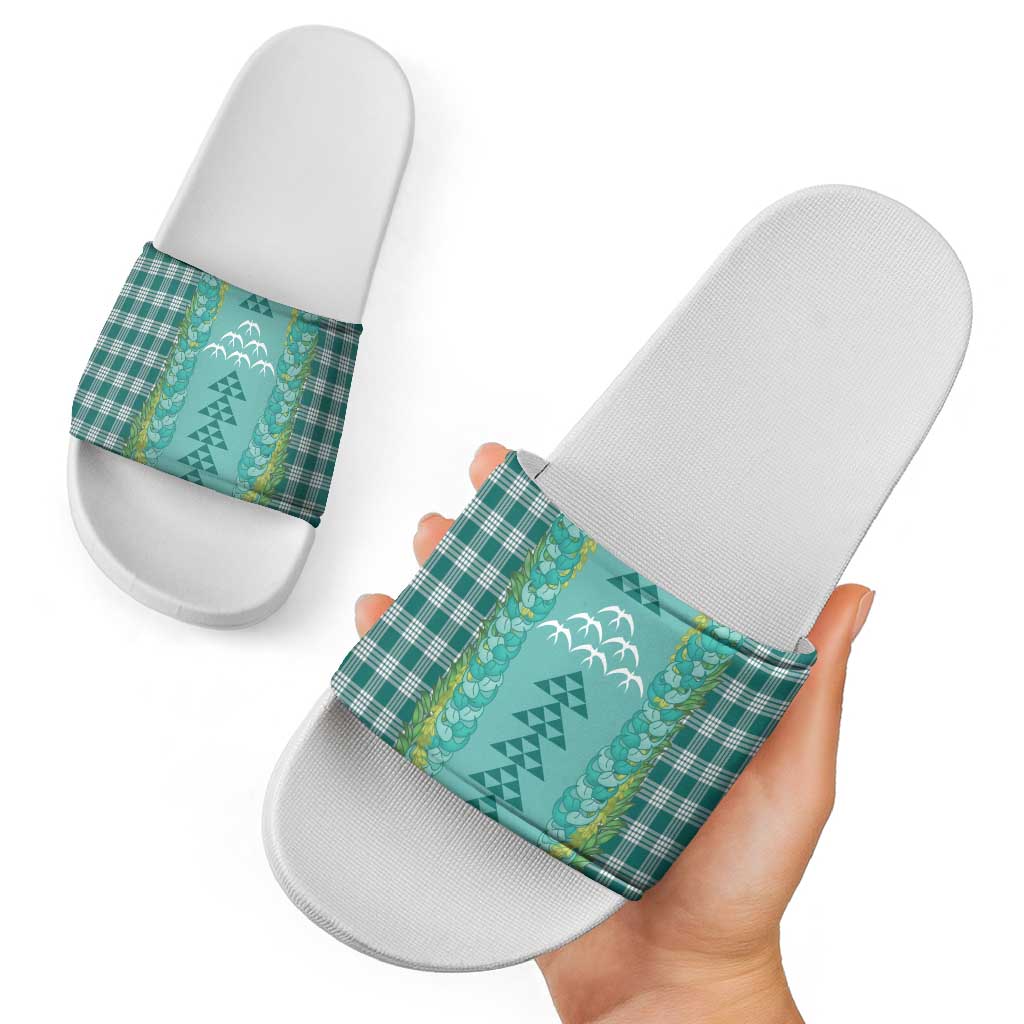 Teal Palaka Hawaii Iwa Bird Slide Sandals Hawaiian Kakau Jade Vine Lei - Polynesian Pride