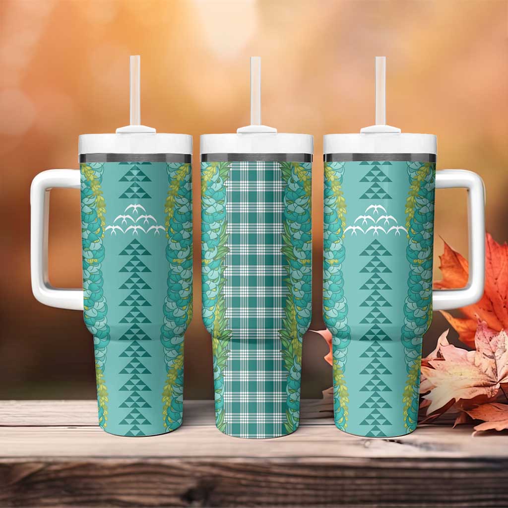 Teal Palaka Hawaii Iwa Bird Tumbler With Handle Hawaiian Kakau Jade Vine Lei - Polynesian Pride