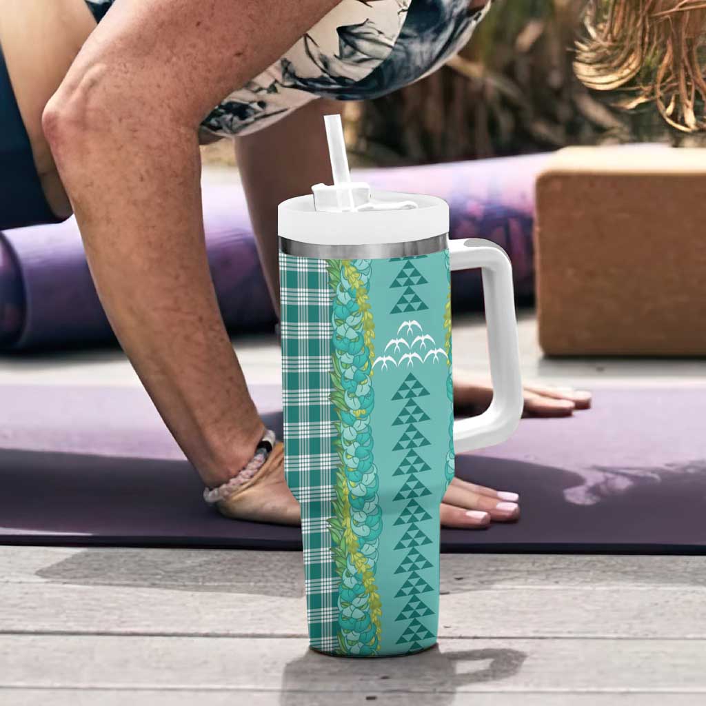 Teal Palaka Hawaii Iwa Bird Tumbler With Handle Hawaiian Kakau Jade Vine Lei - Polynesian Pride