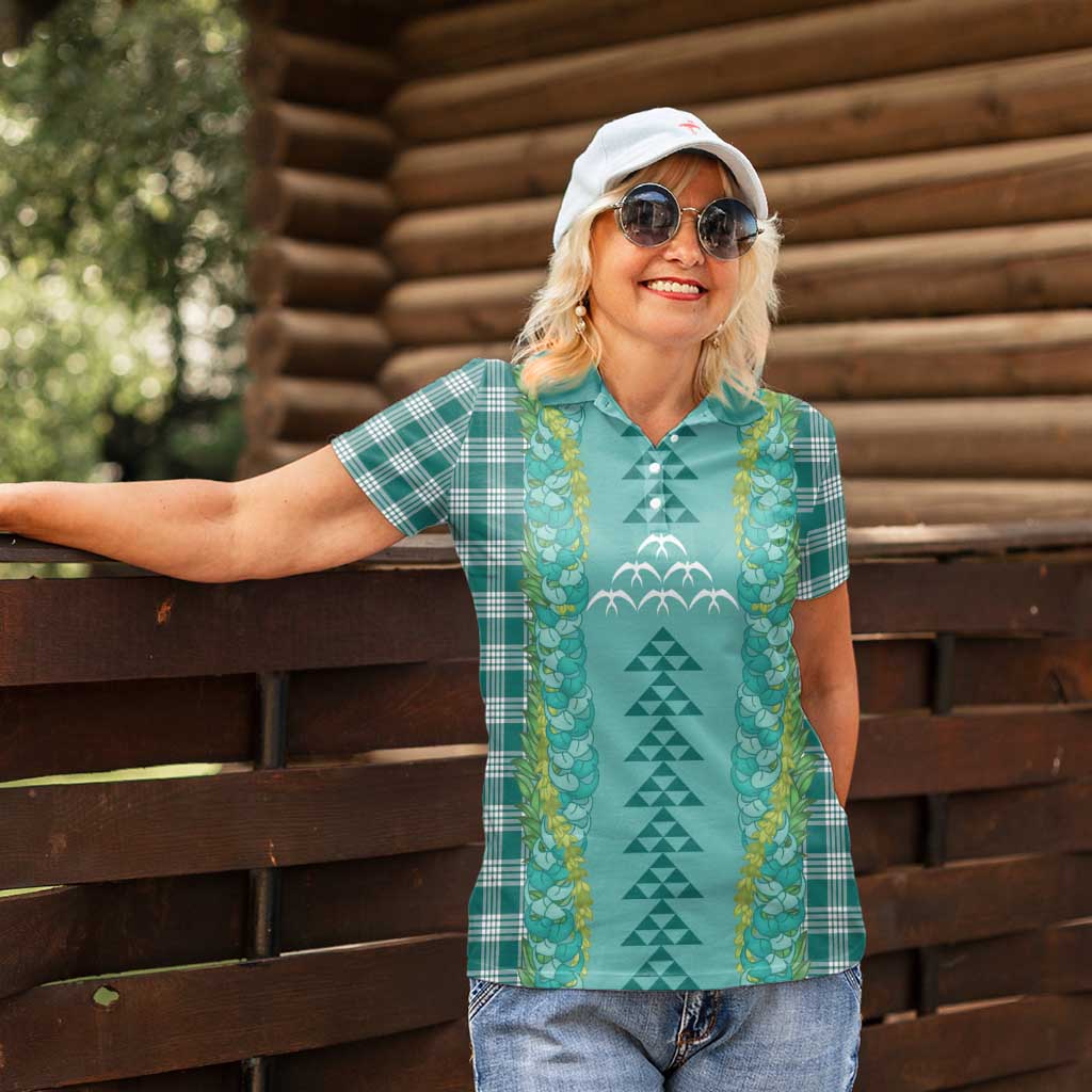 Teal Palaka Hawaii Iwa Bird Women Polo Shirt Hawaiian Kakau Jade Vine Lei LT14 - Polynesian Pride
