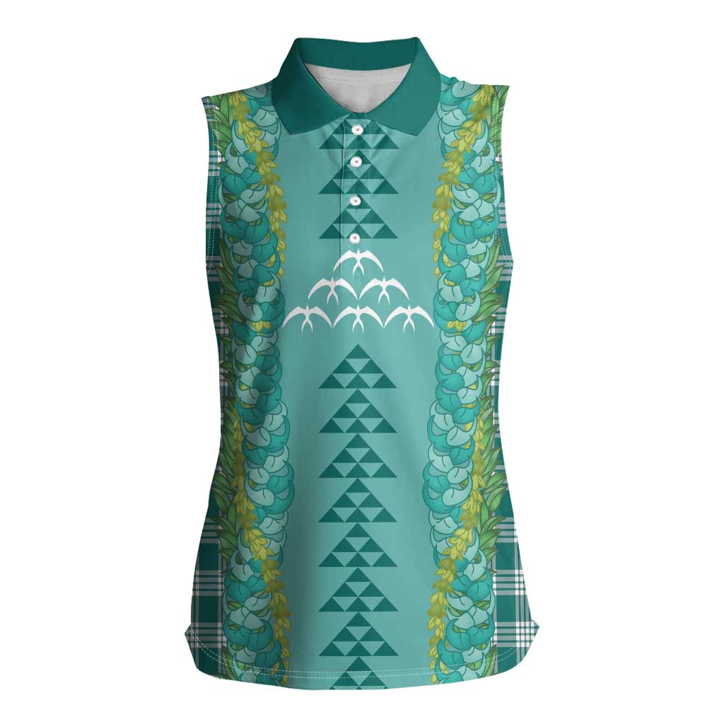 Teal Palaka Hawaii Iwa Bird Women Sleeveless Polo Shirt Hawaiian Kakau Jade Vine Lei LT14 Female Teal - Polynesian Pride