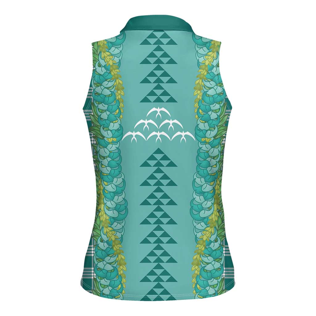 Teal Palaka Hawaii Iwa Bird Women Sleeveless Polo Shirt Hawaiian Kakau Jade Vine Lei LT14 - Polynesian Pride