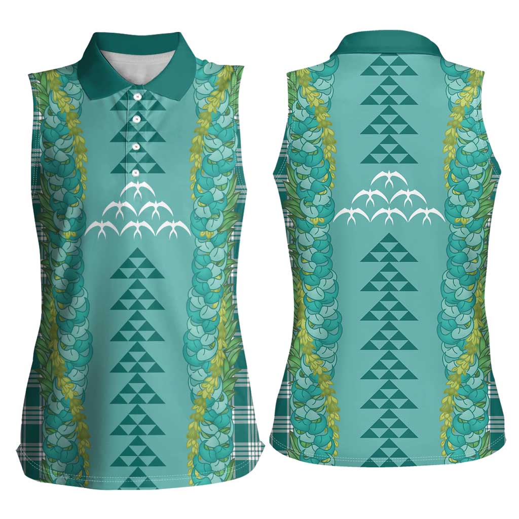 Teal Palaka Hawaii Iwa Bird Women Sleeveless Polo Shirt Hawaiian Kakau Jade Vine Lei LT14 - Polynesian Pride