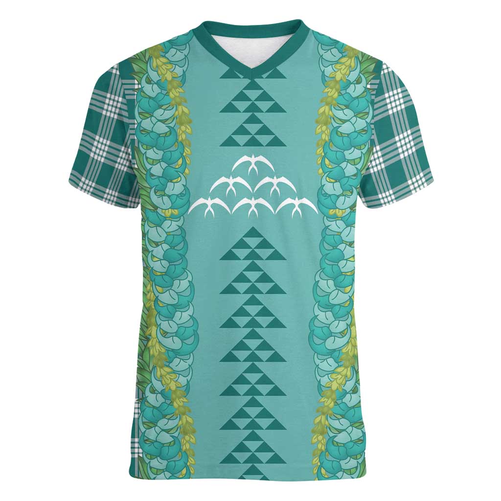 Teal Palaka Hawaii Iwa Bird Women V-Neck T-Shirt Hawaiian Kakau Jade Vine Lei LT14 Female Teal - Polynesian Pride