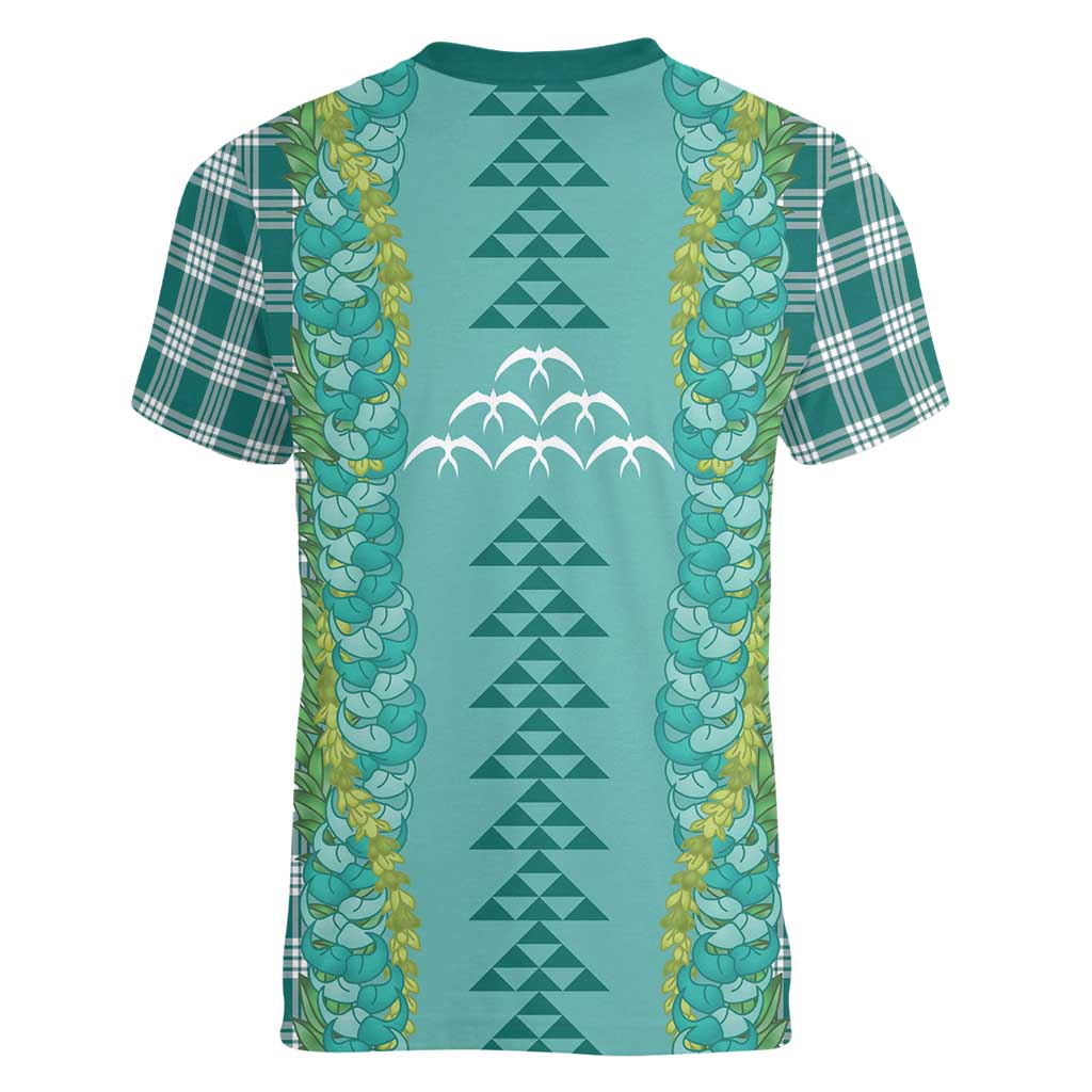 Teal Palaka Hawaii Iwa Bird Women V-Neck T-Shirt Hawaiian Kakau Jade Vine Lei LT14 - Polynesian Pride