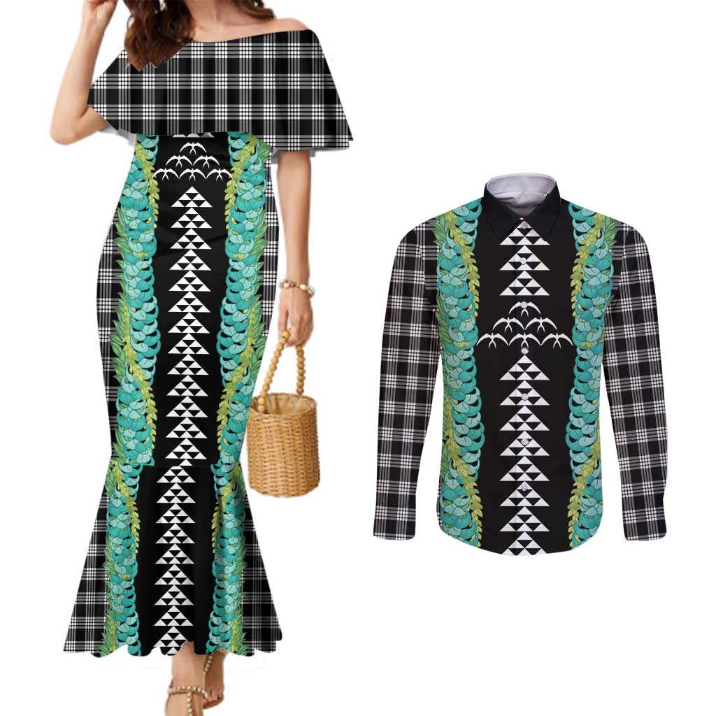 Black Palaka Hawaii Iwa Bird Couples Matching Mermaid Dress and Long Sleeve Button Shirt Hawaiian Kakau Jade Vine Lei LT14 Black - Polynesian Pride