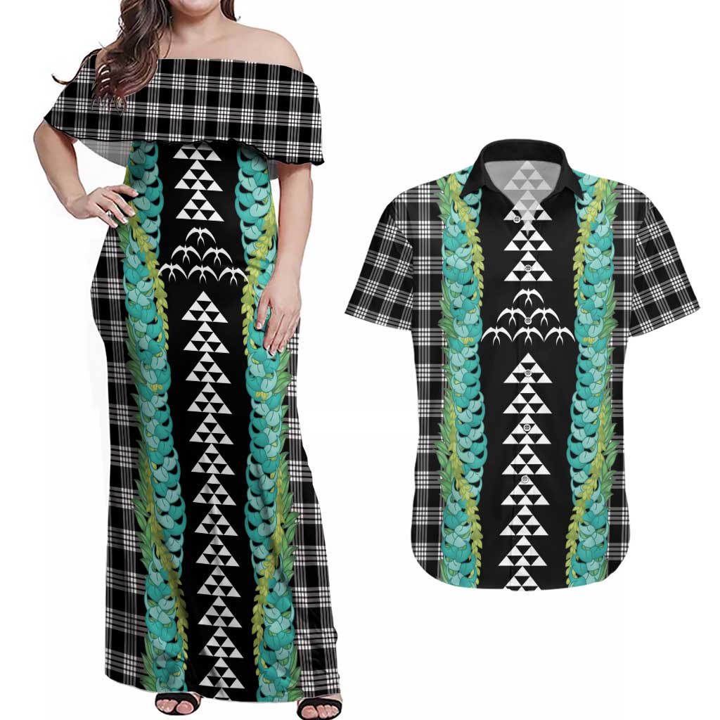 Black Palaka Hawaii Iwa Bird Couples Matching Off Shoulder Maxi Dress and Hawaiian Shirt Hawaiian Kakau Jade Vine Lei LT14 Black - Polynesian Pride