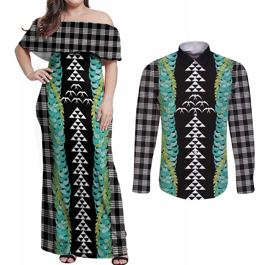 Black Palaka Hawaii Iwa Bird Couples Matching Off Shoulder Maxi Dress and Long Sleeve Button Shirt Hawaiian Kakau Jade Vine Lei LT14 Black - Polynesian Pride