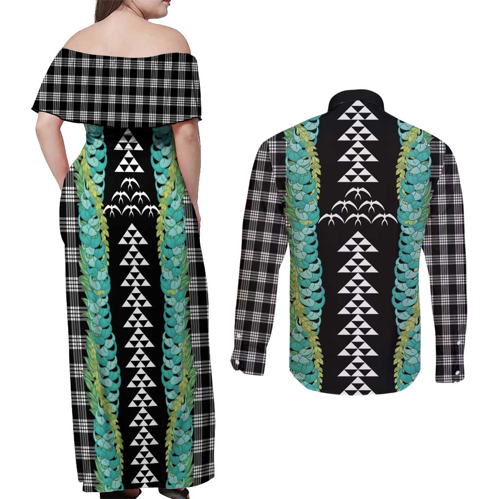 Black Palaka Hawaii Iwa Bird Couples Matching Off Shoulder Maxi Dress and Long Sleeve Button Shirt Hawaiian Kakau Jade Vine Lei LT14 - Polynesian Pride