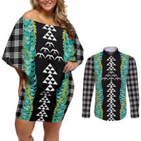 Black Palaka Hawaii Iwa Bird Couples Matching Off Shoulder Short Dress and Long Sleeve Button Shirt Hawaiian Kakau Jade Vine Lei LT14 Black - Polynesian Pride