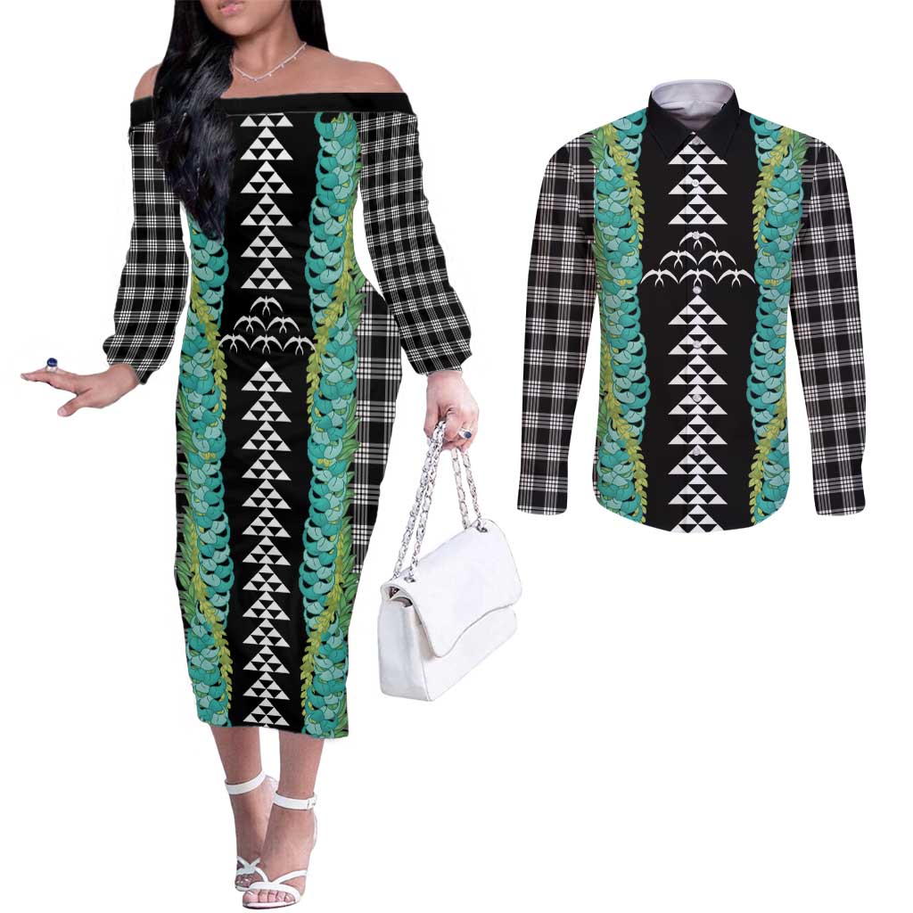 Black Palaka Hawaii Iwa Bird Couples Matching Off The Shoulder Long Sleeve Dress and Long Sleeve Button Shirt Hawaiian Kakau Jade Vine Lei - Polynesian Pride