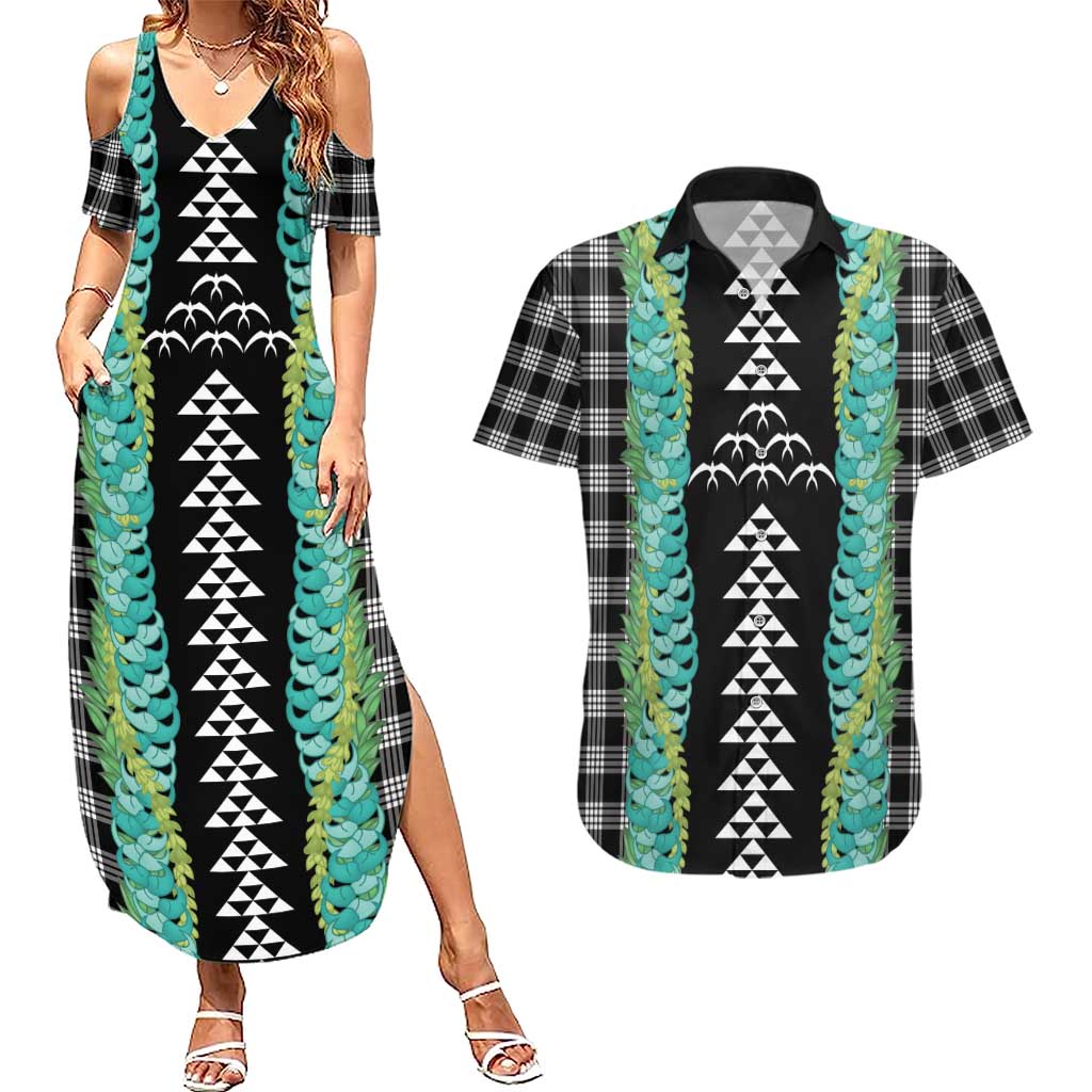 Black Palaka Hawaii Iwa Bird Couples Matching Summer Maxi Dress and Hawaiian Shirt Hawaiian Kakau Jade Vine Lei LT14 Black - Polynesian Pride