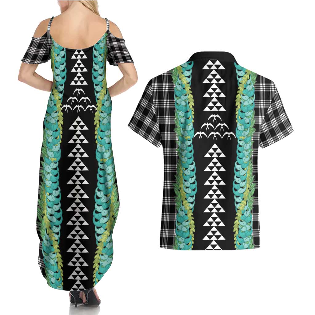 Black Palaka Hawaii Iwa Bird Couples Matching Summer Maxi Dress and Hawaiian Shirt Hawaiian Kakau Jade Vine Lei LT14 - Polynesian Pride