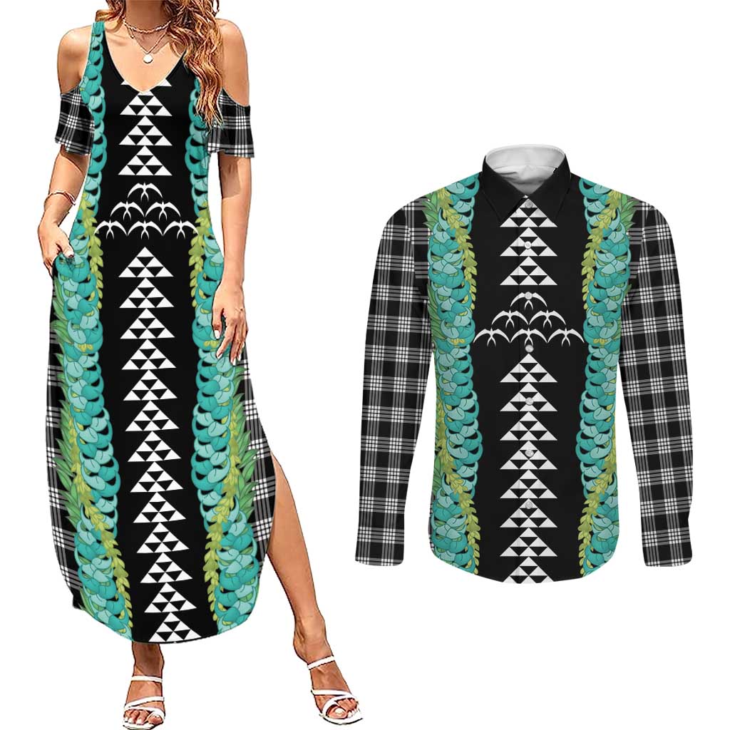 Black Palaka Hawaii Iwa Bird Couples Matching Summer Maxi Dress and Long Sleeve Button Shirt Hawaiian Kakau Jade Vine Lei LT14 Black - Polynesian Pride
