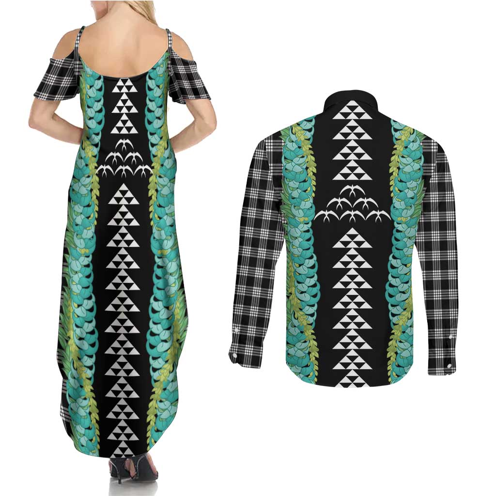 Black Palaka Hawaii Iwa Bird Couples Matching Summer Maxi Dress and Long Sleeve Button Shirt Hawaiian Kakau Jade Vine Lei LT14 - Polynesian Pride