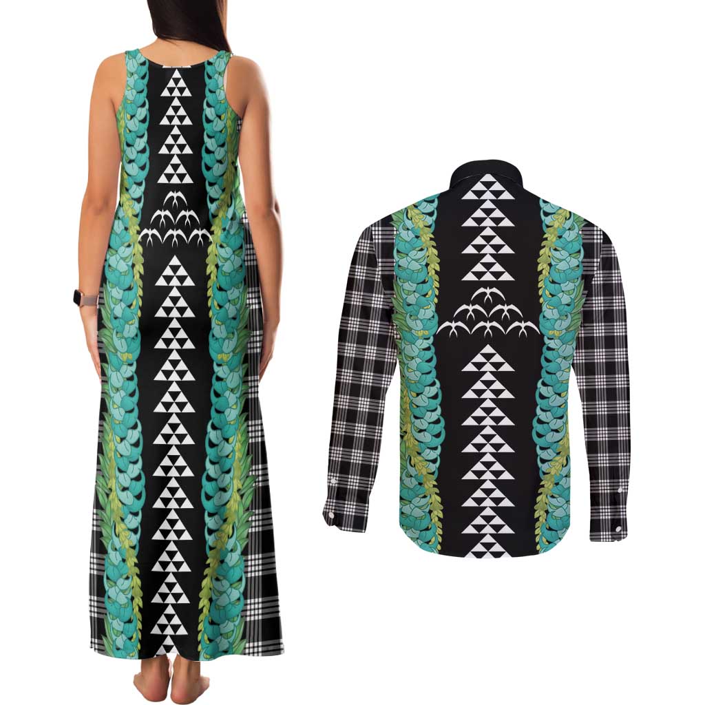 Black Palaka Hawaii Iwa Bird Couples Matching Tank Maxi Dress and Long Sleeve Button Shirt Hawaiian Kakau Jade Vine Lei LT14 - Polynesian Pride