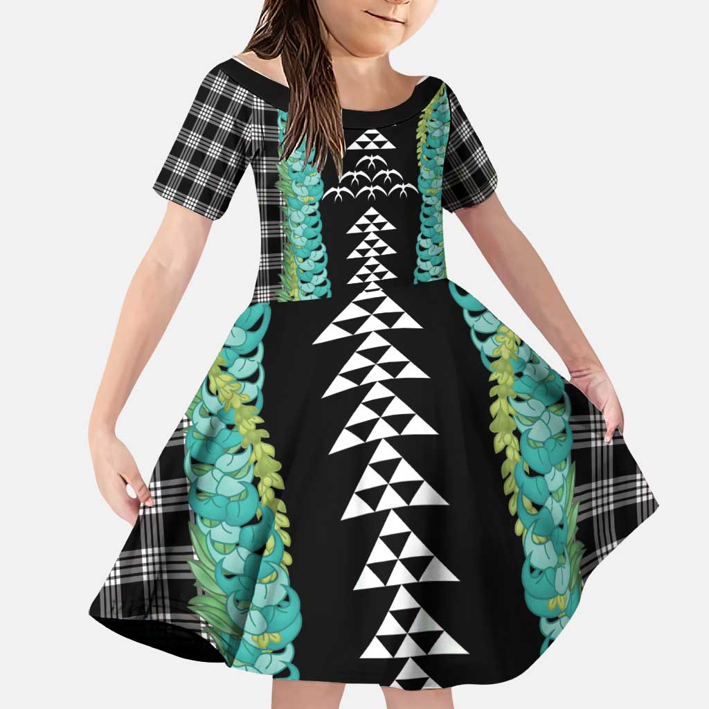 Black Palaka Hawaii Iwa Bird Family Matching Long Sleeve Bodycon Dress and Hawaiian Shirt Hawaiian Kakau Jade Vine Lei LT14 Daughter's Dress Black - Polynesian Pride