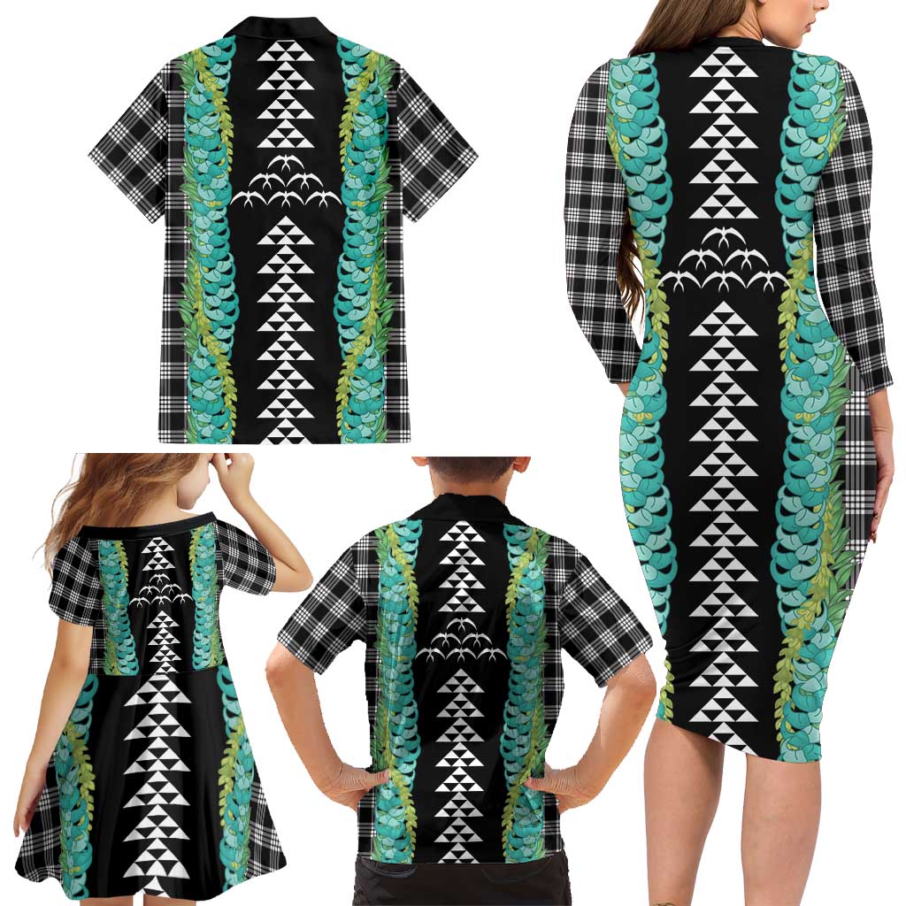 Black Palaka Hawaii Iwa Bird Family Matching Long Sleeve Bodycon Dress and Hawaiian Shirt Hawaiian Kakau Jade Vine Lei LT14 - Polynesian Pride